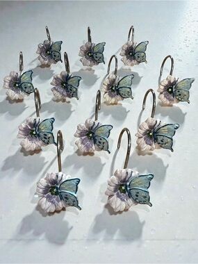 Vintage Butterfly Flower Shower Hooks - Pale Blue & Light Lavender (Set of 12)